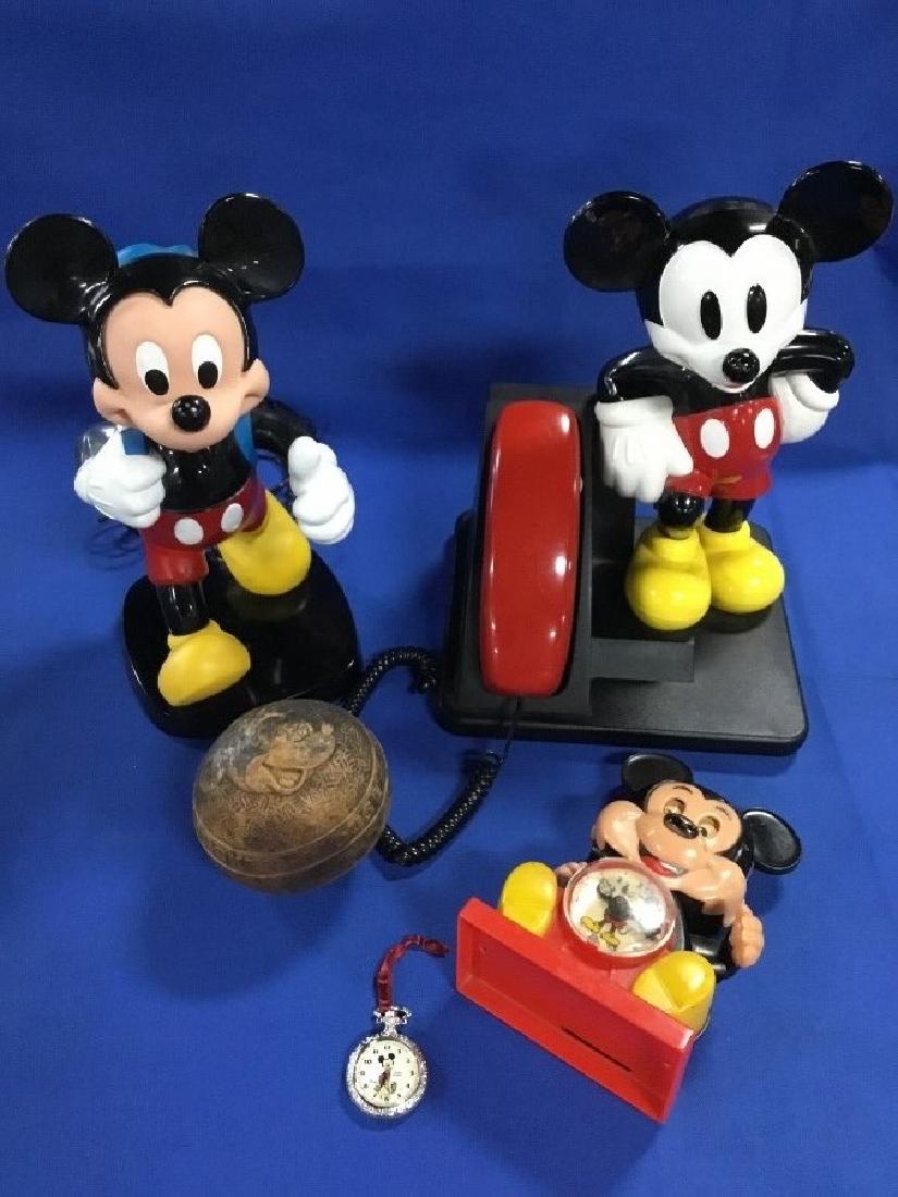 Lot of Mickey Mouse Items: 2 Mickey Mouse Phones, Clock, Vintage Ball, hall Mark ornament. All found condition.