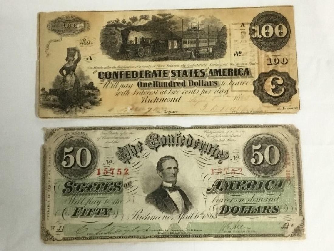 Lot of 2 Confederate Notes, $50 and $100: 1862 Richmond $100 and 1863 Richmond $50, found condition.