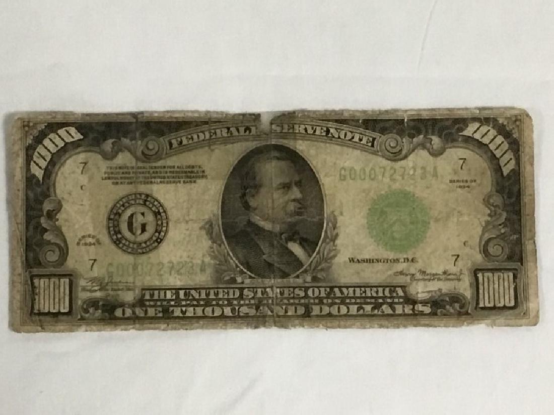 1934 $1000 Note: Serial Number G00072723A.