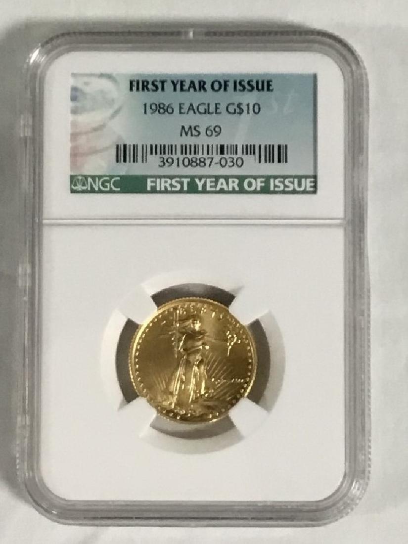 1986 Gold American Eagle MS69 One Fourth Ounce: First year issue NGC MS69.