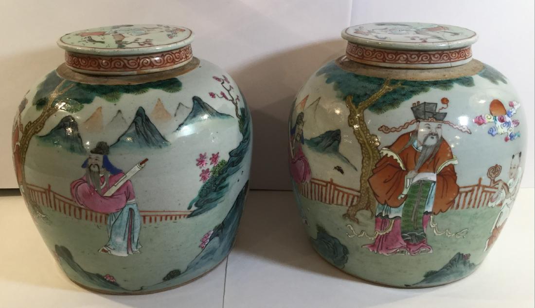 Pair of 19th century Chinese Famille Rose Porcelain: Pair of 19th century Chinese Famille Rose Porcelain Ginger Jars. H: 9" Diameter: 9"