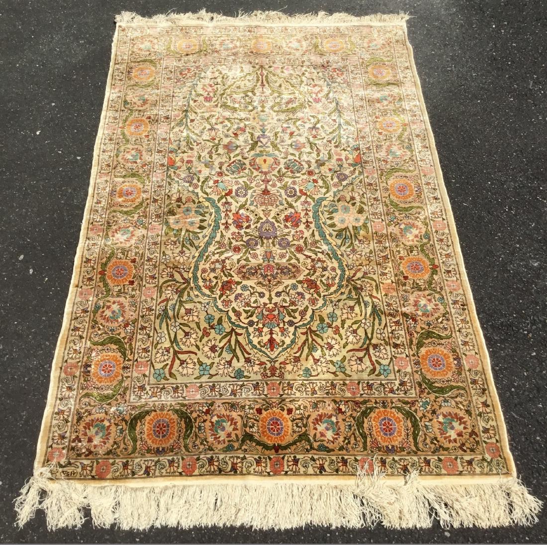 Hereke Turkish Silk Prayer Rug, mid 20th century: Hereke Turkish Silk Prayer Rug, mid 20th century. 3' 4" x 5' 5"
