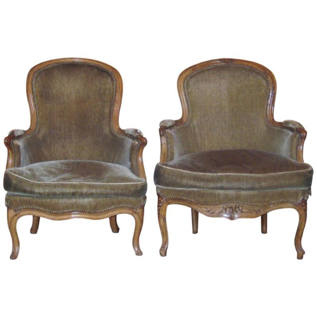 A Near Pair of 18 th Century Period Louis XV Carved: A Near Pair of 18 th Century Period Louis XV Carved Beechwood Bergeres, one having a carved top and seat rail the other plain.