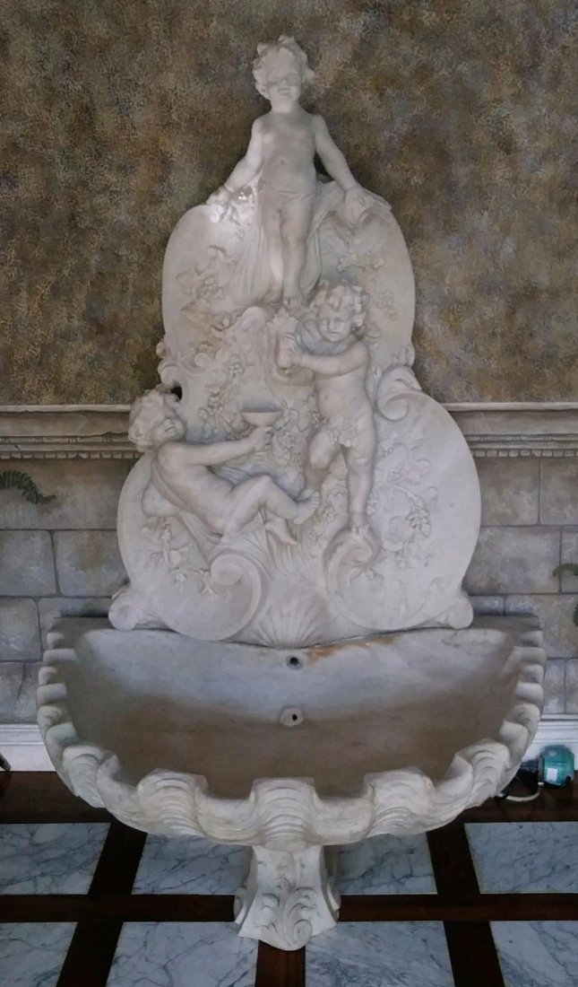 Large 19th C. Italian Carved Carrara Marble Fountain: An Important Large 19th Century Italian Carved White Carrara Marble Fountain, the upper section with three bacchante, the basin of shell form on a carved pedestal base. H: 76" W: 52" D: 37"