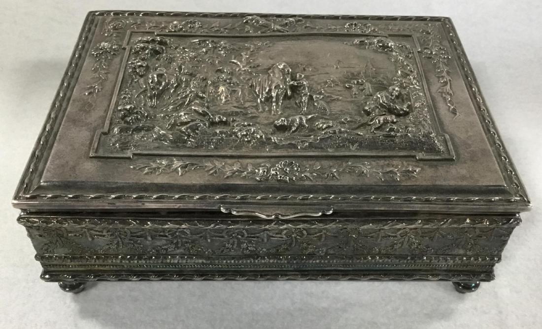19th Century Silver Plated Dresser Box with Makers: 19th Century Silver Plated Dresser Box with Makers Mark: J B, Probably English. H: 2.75" W: 7.5" D: 5.5"