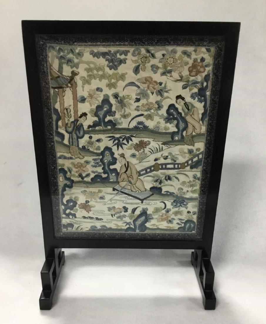 19 th Century Chinese Embroidered Silk Table Screen: 19 th Century Chinese Embroidered Silk Table Screen. H: 17â€ W: 11.5â€