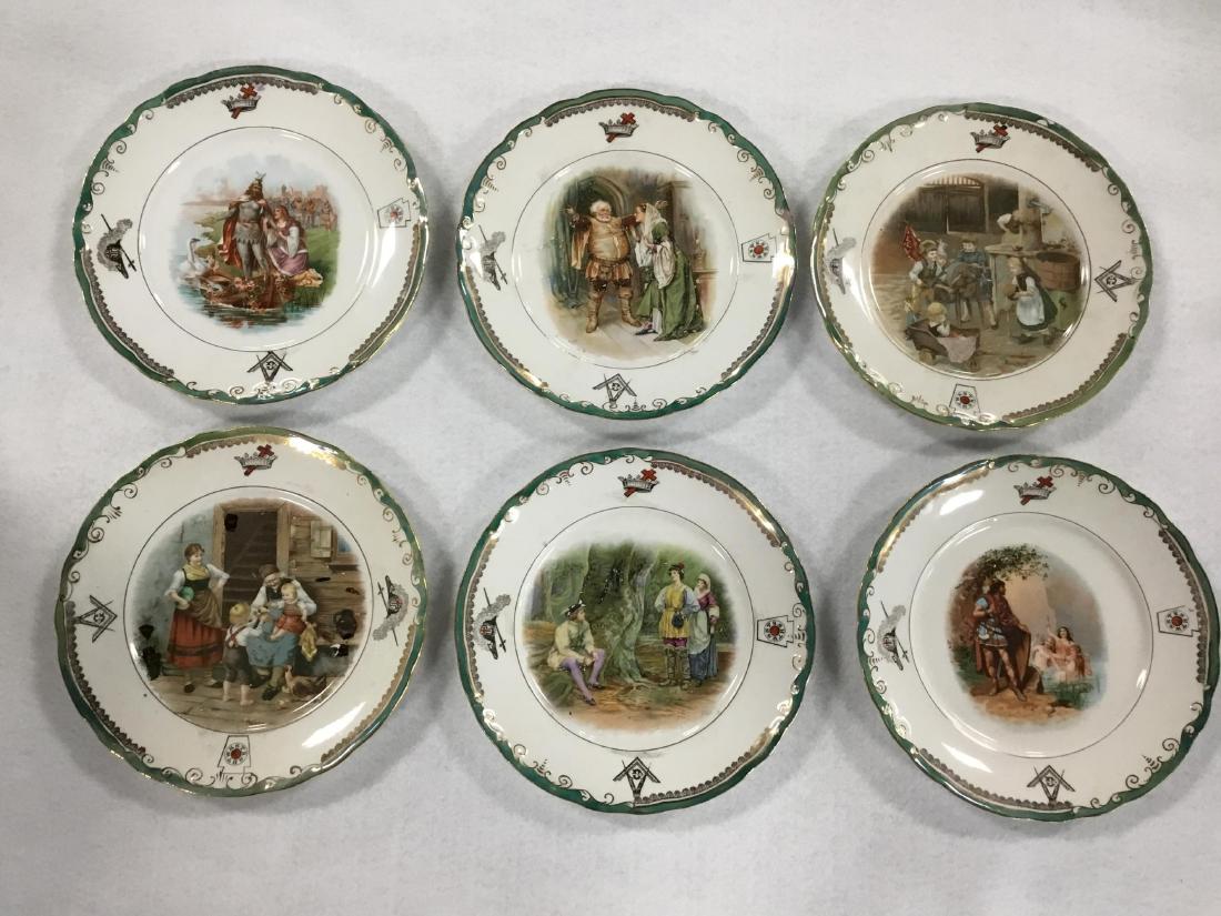 Lot of 6 Masonic Plates: A selection of antique Lnights Templar depicting classical scenes with gilt scroll borders.