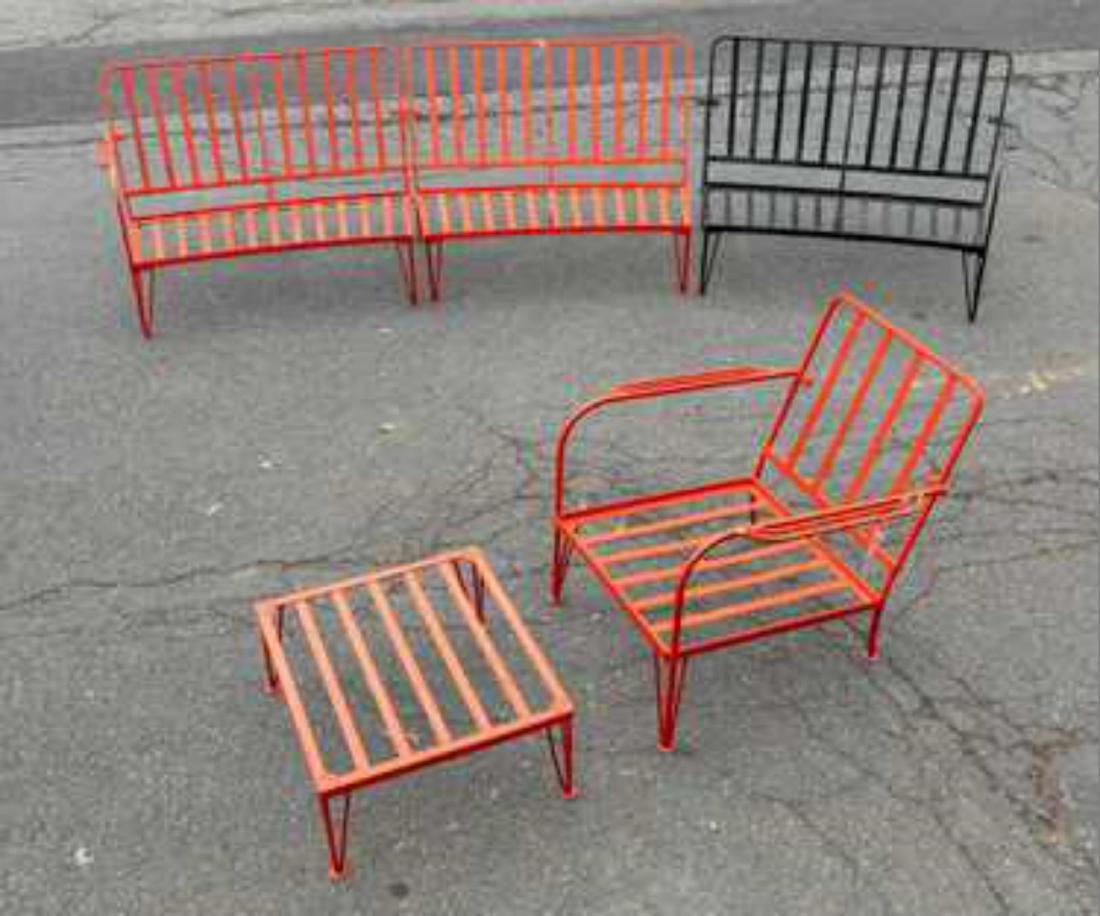 Art Deco Wrought Iron Salon Set, Consisting of a: Art Deco Wrought Iron Salon Set, Consisting of a Three-Piece Sofa, Chair and Ottoman. Sofa: H: 29â€ W: 138â€ D: 34â€