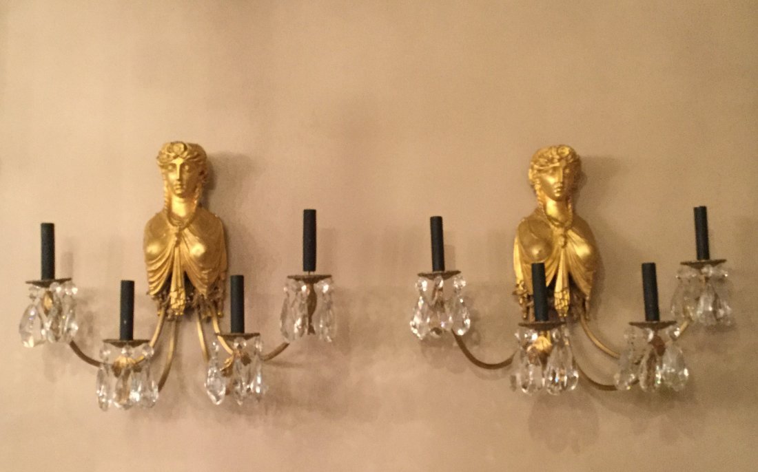 Pair of 19th c. French Empire Gilt-Bronze Sconces: Pair of 19th Century French Empire Gilt-Bronze and Crystal Caryatid Figural Four-Light Wall Sconces. H: 17” W: 20” D: 6”