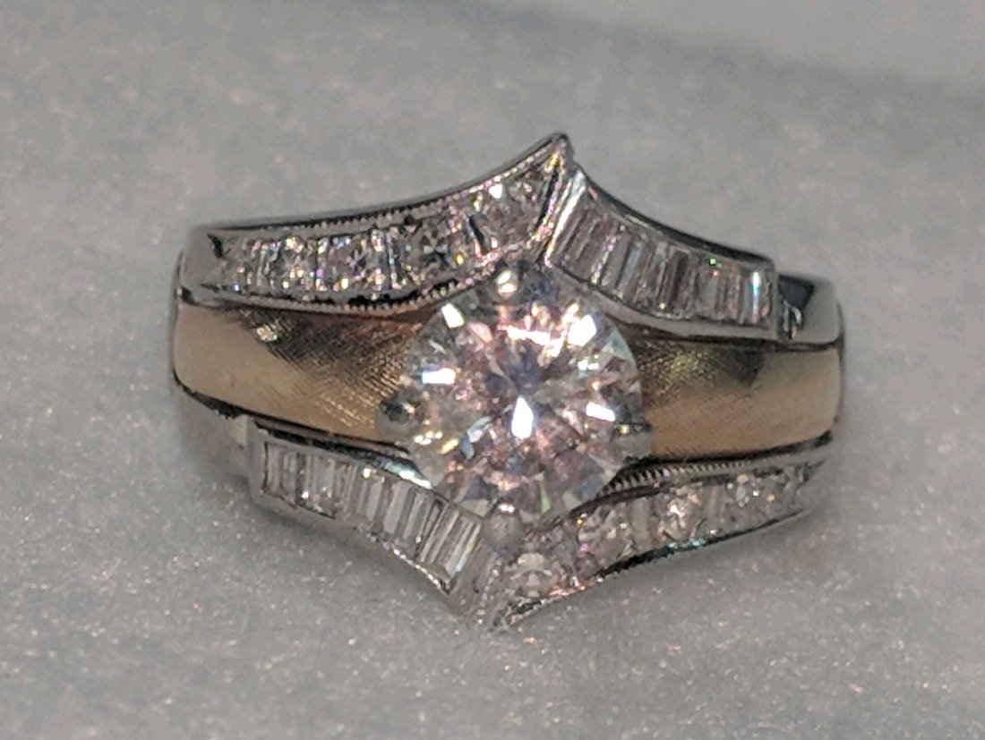 14k White & Yellow Gold Bridal set: 14k White and Yellow Gold Bridal Set with center diamond flanked with round and baguette diamonds.
