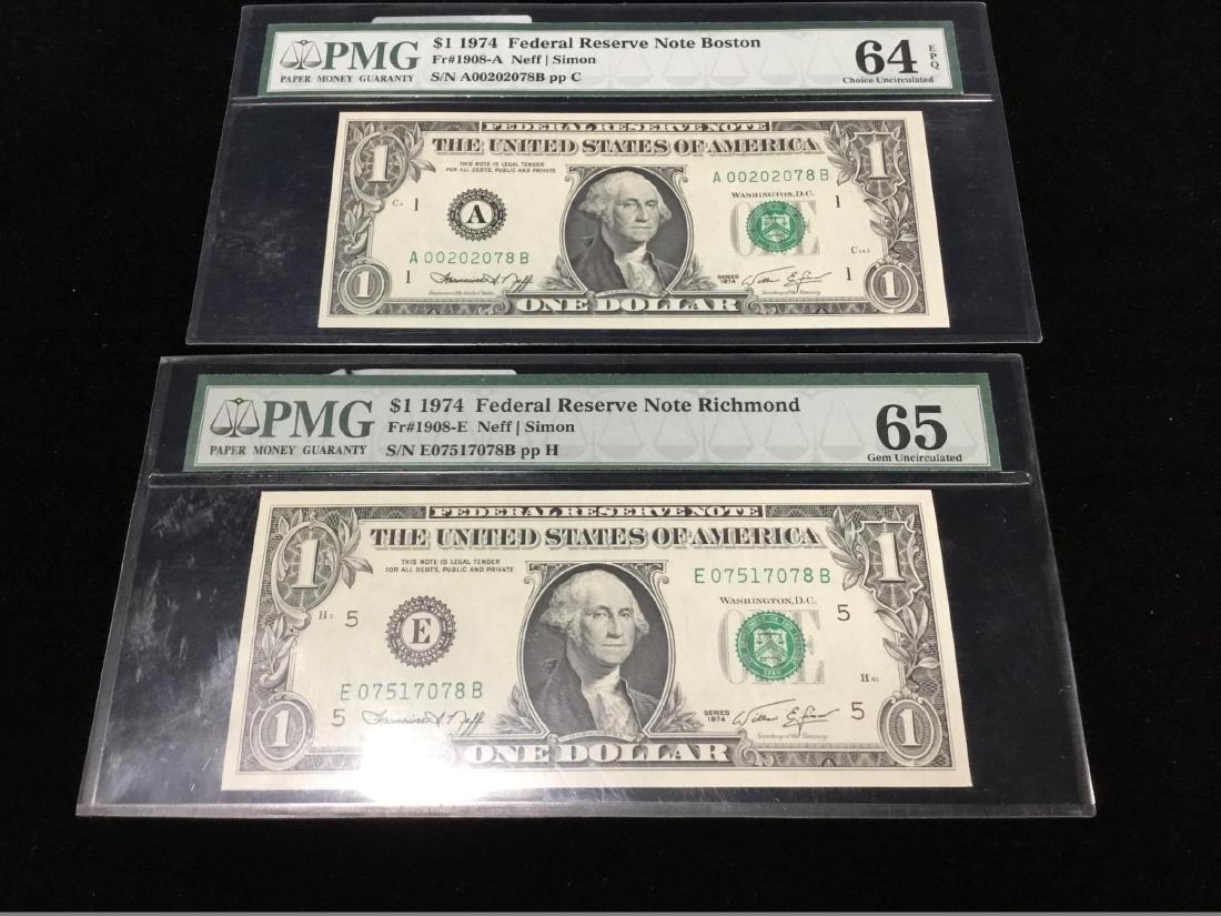 Lot of 2 Graded 1974 $1 Notes: Richmond PMG65, Boston PMG64 EPQ