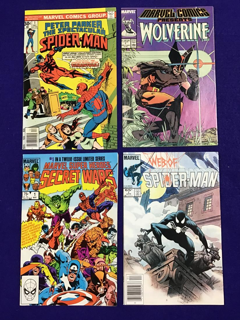 Lot of 4 Assorted Comics: Wolverine #1: Secret Wars #1; Peter Parker The Spectacular Spider-Man #1; Web of Spider-Man #1