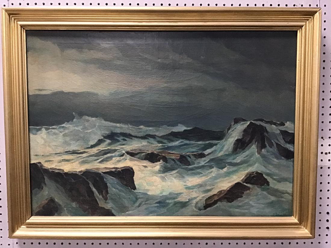 Oil on Canvas "Storm Waves": 24" x 34 1/4" Canvas, 28 3/4" x 38 3/4" Framed. Couple small punctures in canvas-See photos