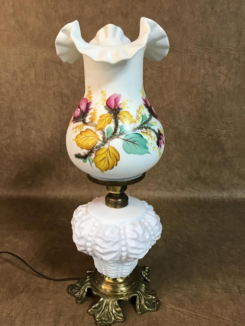 Fenton Hand Painted Milk Glass Table Lamp: Handpainted ruffled shade on milk glass bass. No cracks or chips. Needs re-wiring
