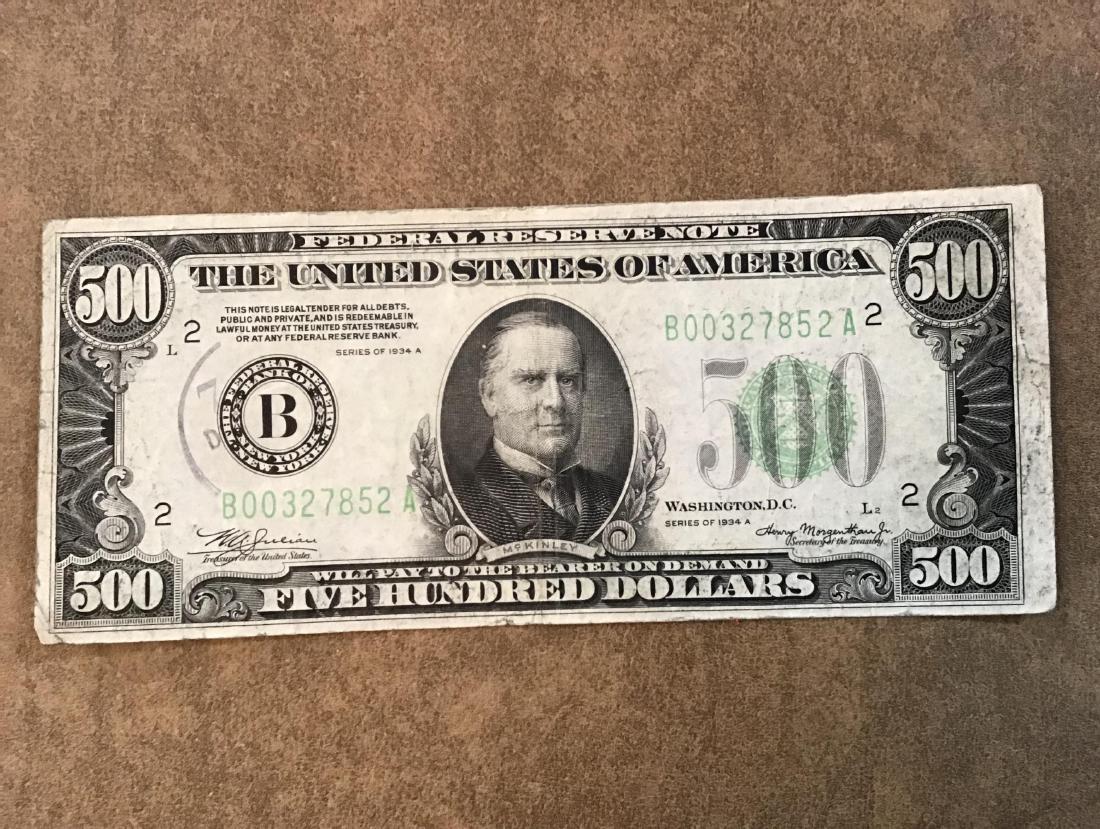 1934 New York $500.00 Note: SN B00327852A. VGC- No tears