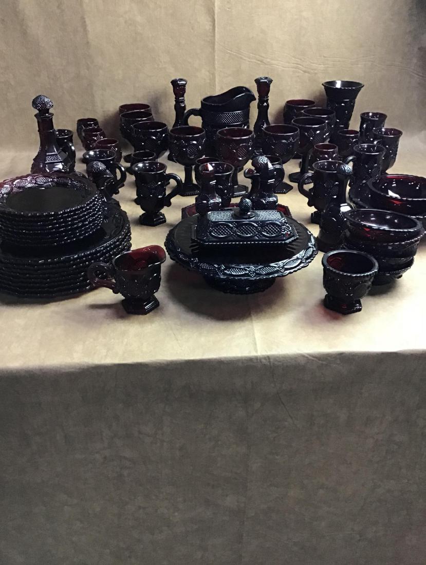 Huge Lot of 62 pc Avon Ruby Red Glassware: Water pitcher, cake plate, goblets, S&P, Butter Mold, Candle sticks, and much more. Vg condition.