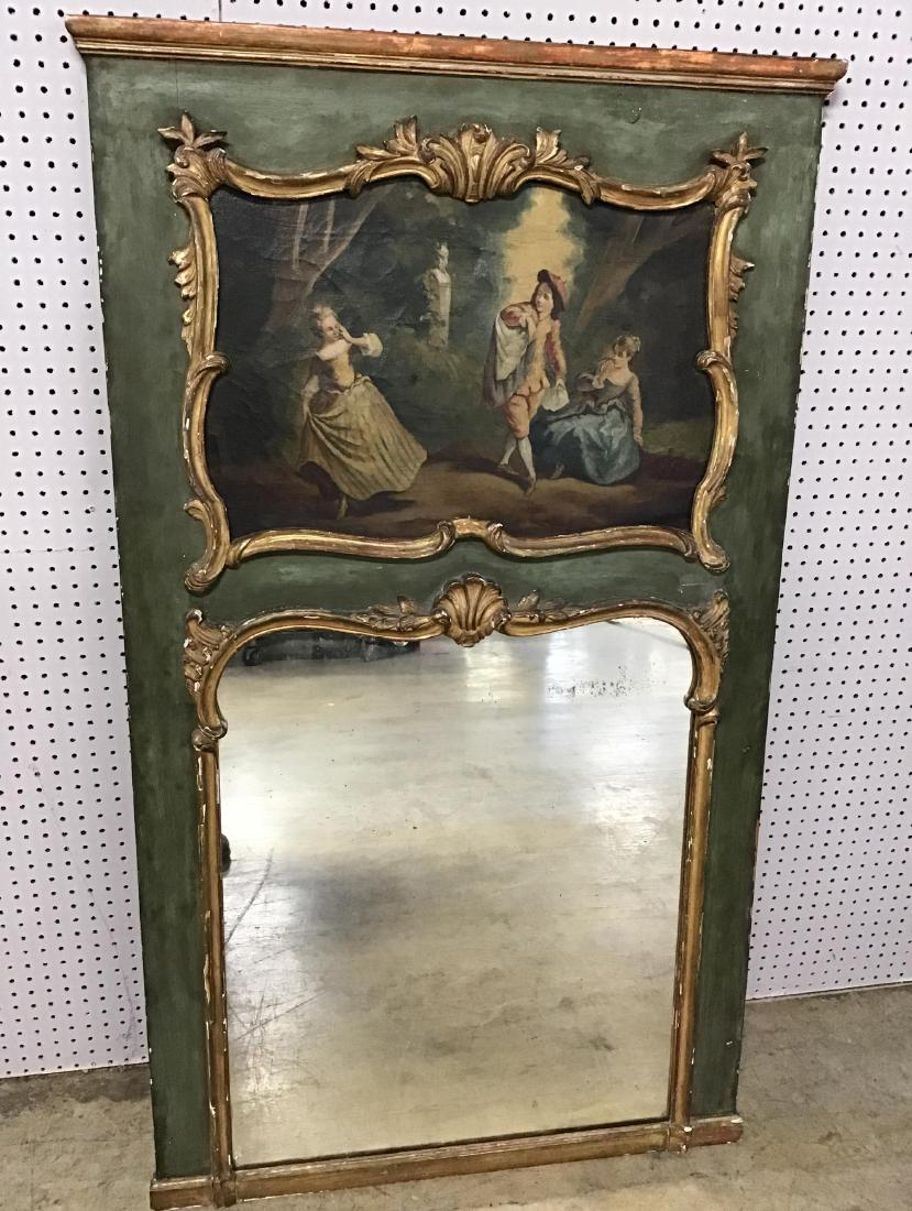 18C Painted and Parcel Gilt Trumeau Mirror: Lovely hand painted figural scene on canvas. Mirror does have chips in frame, carved borders. 59.5 Inches T x 34.75 Inches W.