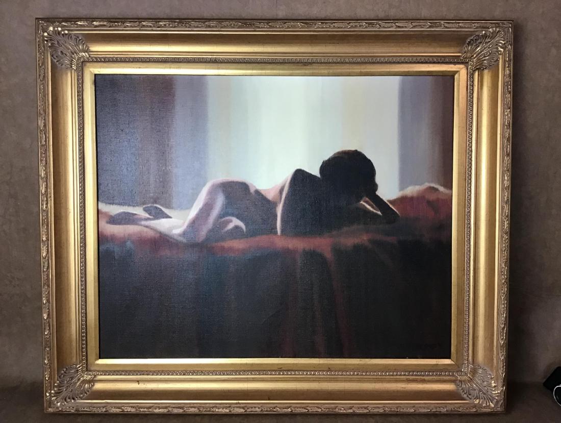 Artist Signed Oil on Canvas: Beautifully framed nude by Hal Singer. Framed, 38 Inches x 32 Inches. Canvas 30 Inches x 24 Inches.