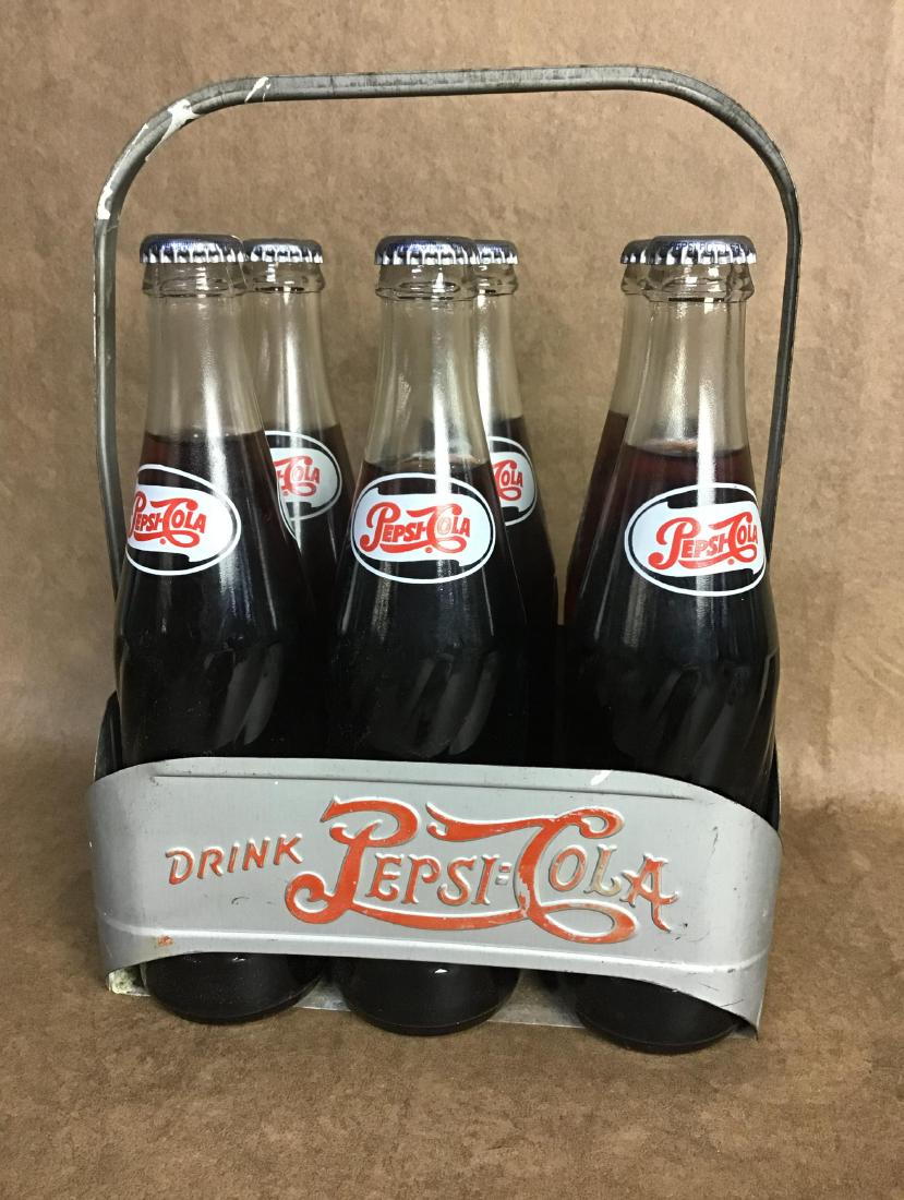 Metal Pepsi Cola Drink Carrier and 6 Full Pepsi Bottles: VG found condition