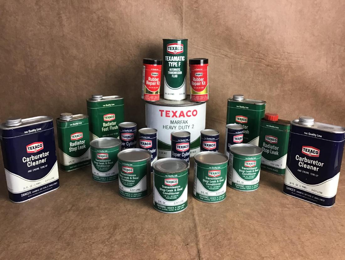 N.O.S. Texaco Can Advertising Lot All Full: 10 Transmission Stop Leak, 10 Upper Cylinder Lubricant, 2 Radiator Fast Flush, , 2 Radiator Stop Leak, 2 Carburator Cleaner, 1 Texaco Heavy Duty Grease, 1 Texamatic Type F, 2 Rubber Repair Kit.