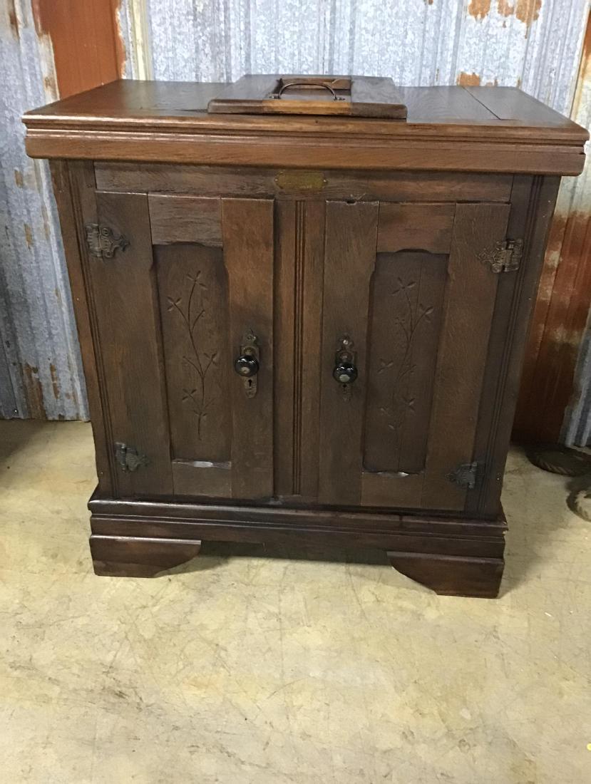 Oak Jewett's Ice Box Buffalo NY: Original hardware, has brass tag. Has been refinished, is missing some shelves. 34.25 Inches W x 38.5 Inches T x 21 Inches D.