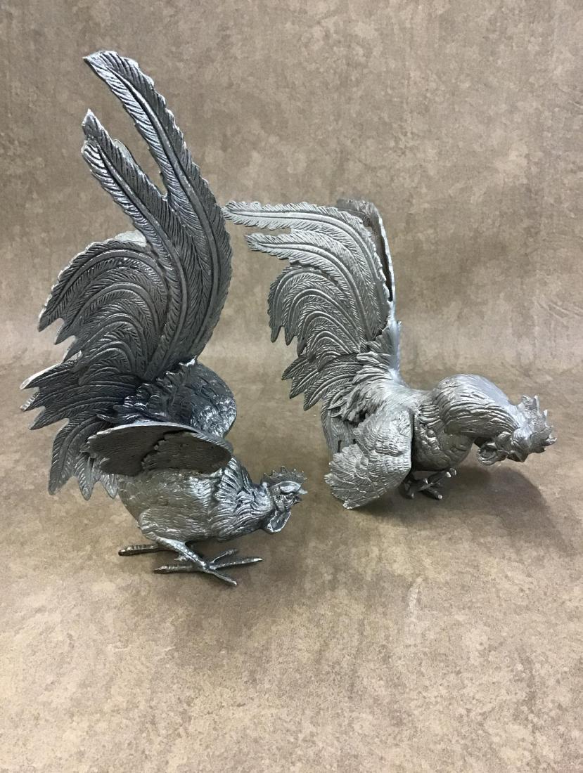 Pair Of Pewter Fighting Roosters, Lots Of Detail