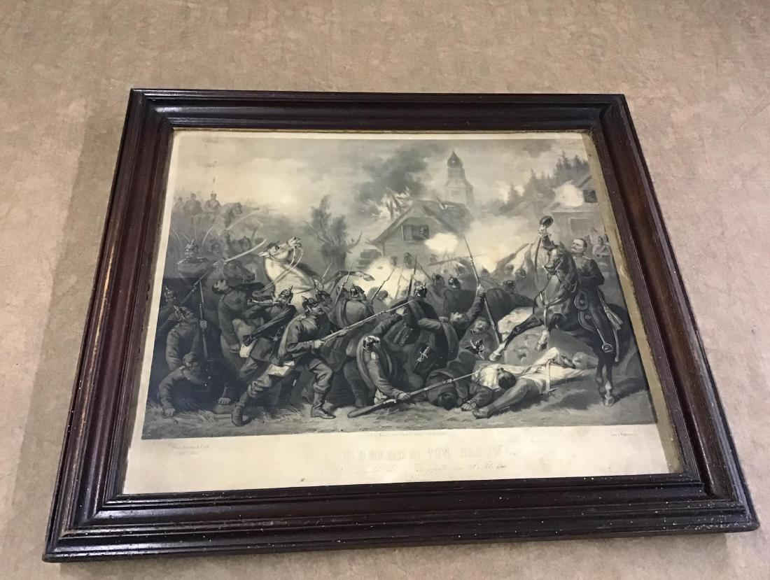 German War Print in Walnut Frame: German war print framed in walnut frame with wavy glass. Print by Oswald Seehagen "Die Einnahme Von Sadowa" 25 Inches x 23 Inches, framed size, found condition, frame has scuffs.