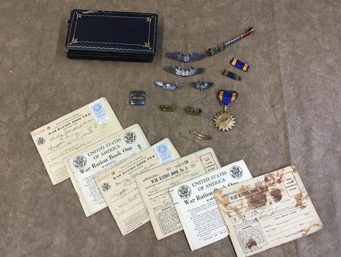 Military Collectible Lot: Sterling Silver Air Medals, medical pins, war ration books. Awarded to 2LT John H. McEachern, 15TH AAF P51 Mustang Fighter Pilot, found condition.