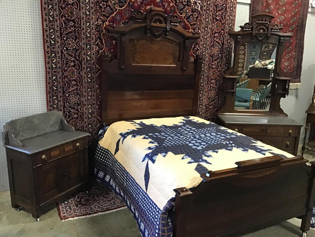Extremely Rare! Berkey and Gay 3 Piece Walnut Bedroom: Headboard is approximately 7 Ft Tall. Beautiful grey marble, no cracks, Burl walnut inlay, tear drop pulls, original porcelain casters. VG condition for age and use. Missing one spindle on candle shel