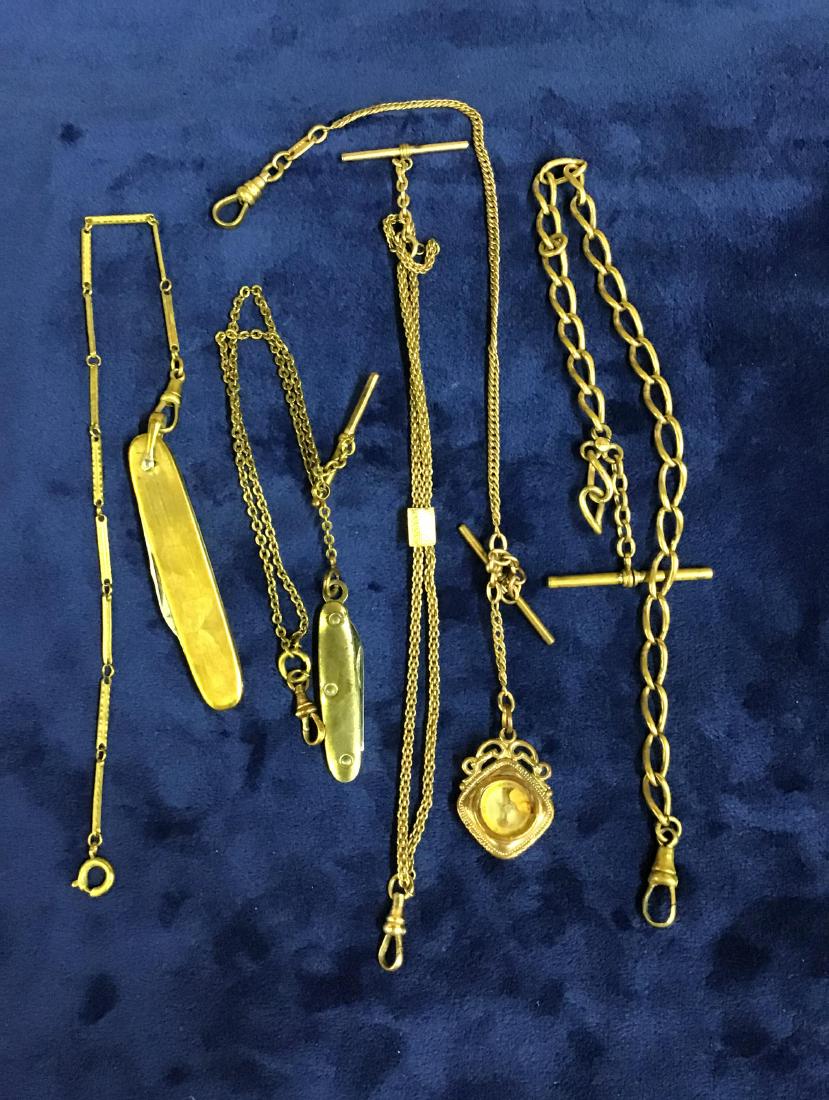 Lot of 5 Vintage Watch Chains: 2 chains have pocket knife, 1 has compass, 1 has slide, 1 is heavy watch chain.