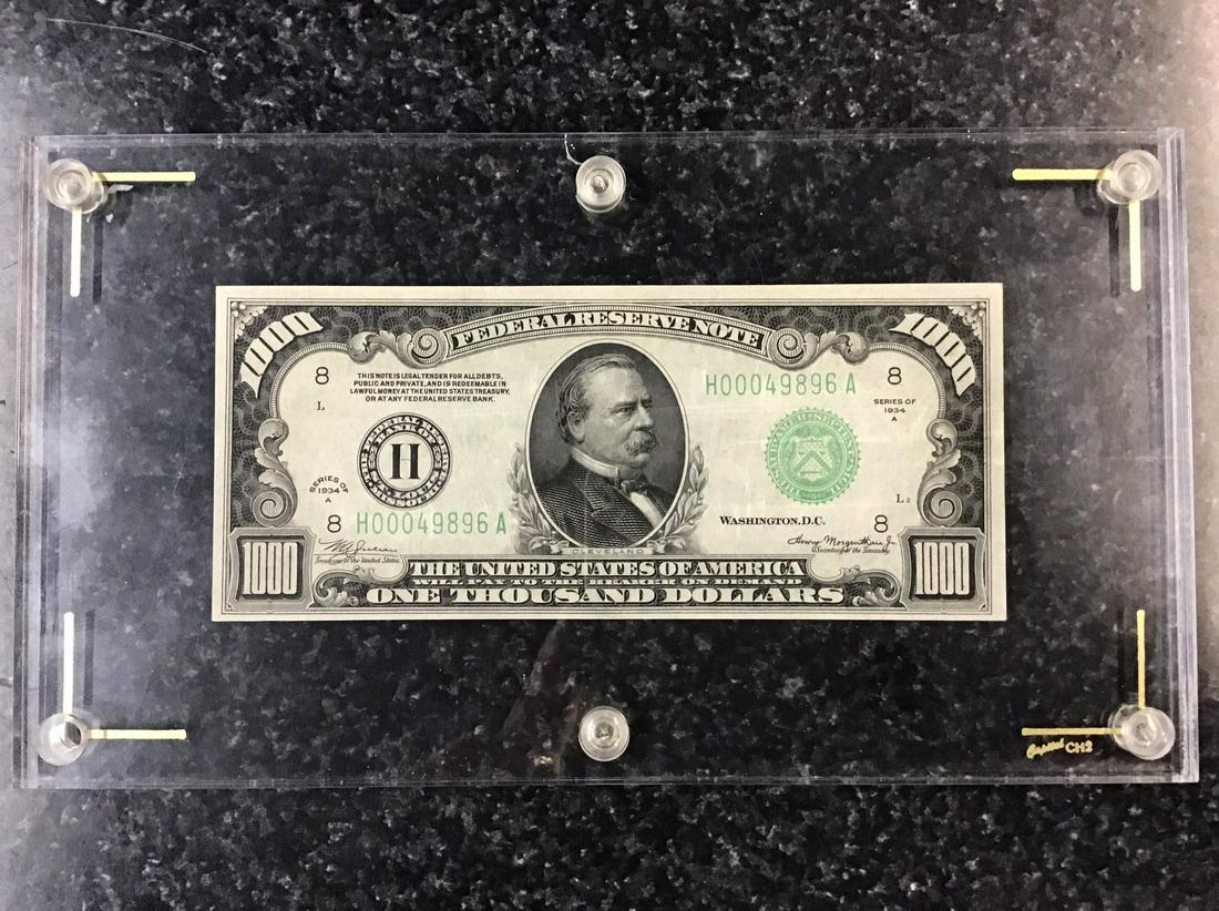 1934 St. Louis $1000.00 Note: SN# H00049896A. No tears, No folds