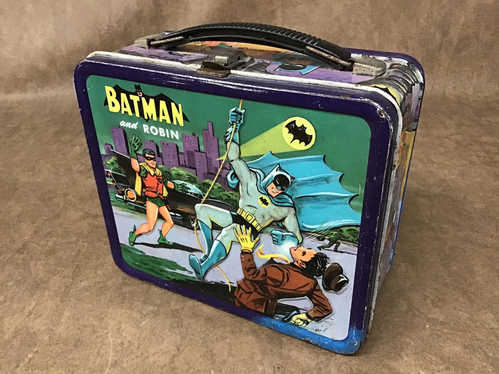 1966 Batman and Robin Lunch Box: No Thermos, found used condition.