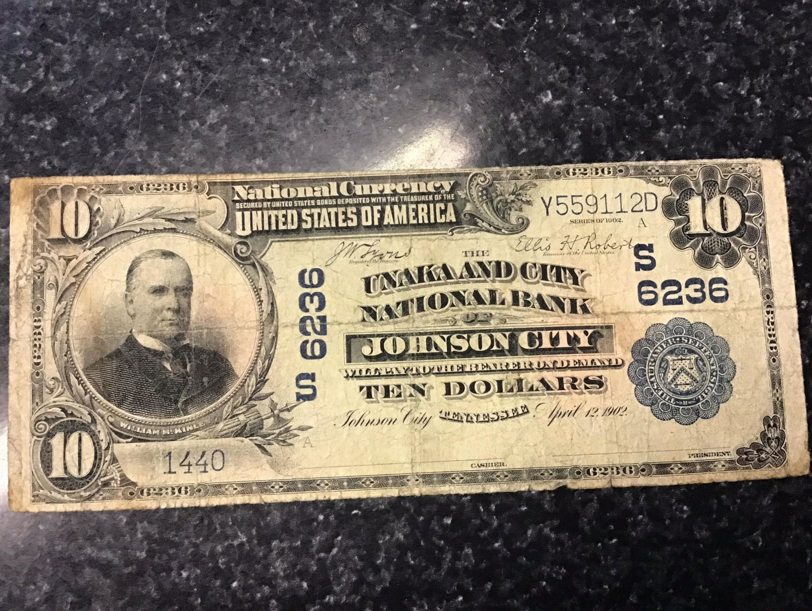 1902 $10 Johnson City TN National Bank Note Unsigned: 1902 $10 Johnson City TN National Bank Note
