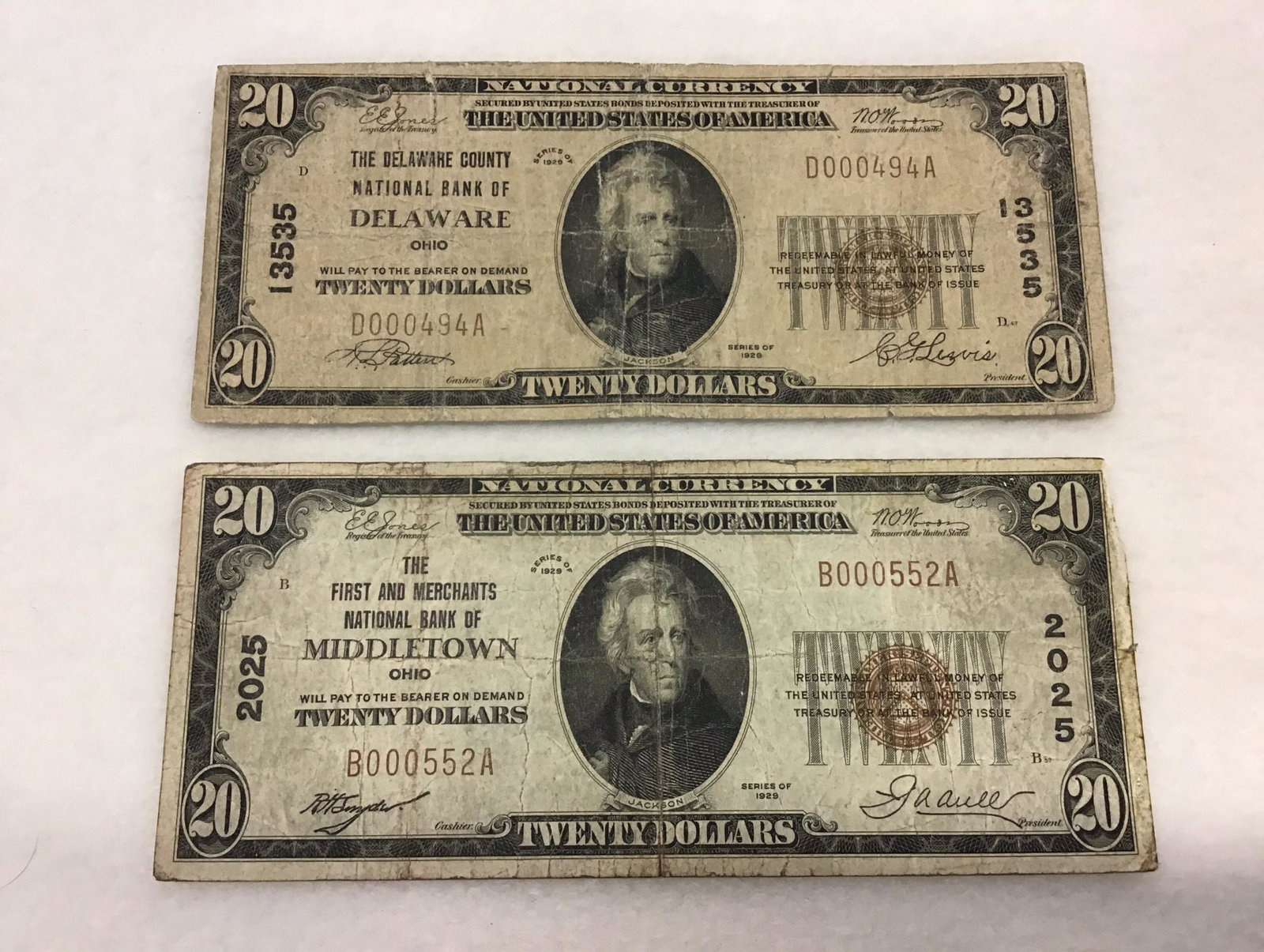 Lot of 2 1929 Ohio $20 Notes: Middletown and Deleware