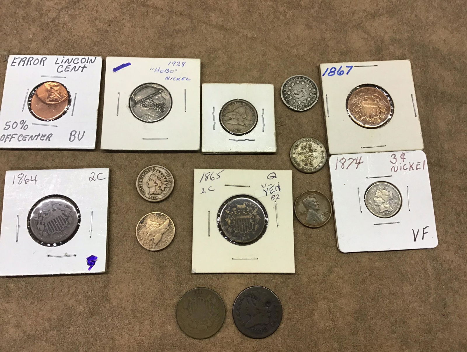 Lot of 14 Large Cent, Flying Cents, Key Date Indian: 1874 3 Cent nickel, 1867 Large 2 Cent, 1914 D, 1865 2 Cent, Error Lincoln Cent, 1810 Half Cent, 1869 2 Cent, 1864 2 Cent, 1860 Indian Head, 1857 Flying Cent, 5 Knoxville Token, 1869 3 Cent Nickel, 192