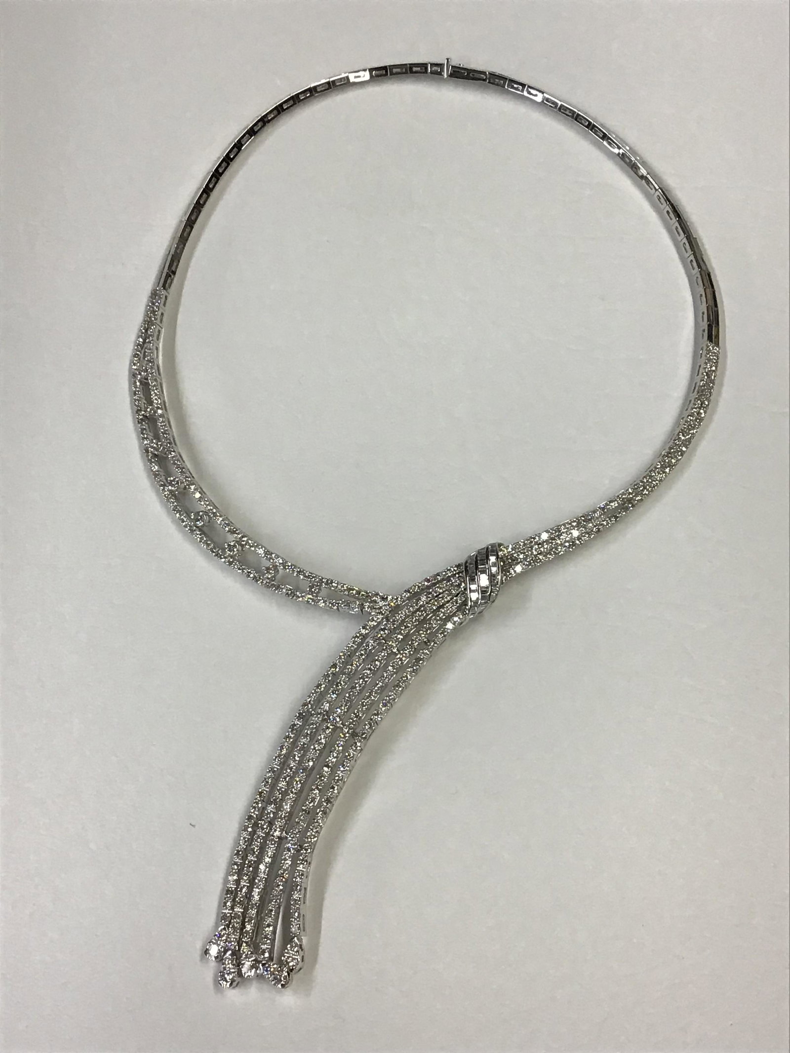 Ladies 18K WG Designer Diamond Choker Style Necklace: Ladies 18K WG Designer Choker Necklace with round brilliant cut diamonds. Total diamond carat weight by measurement only, is approx 8.84ct.
