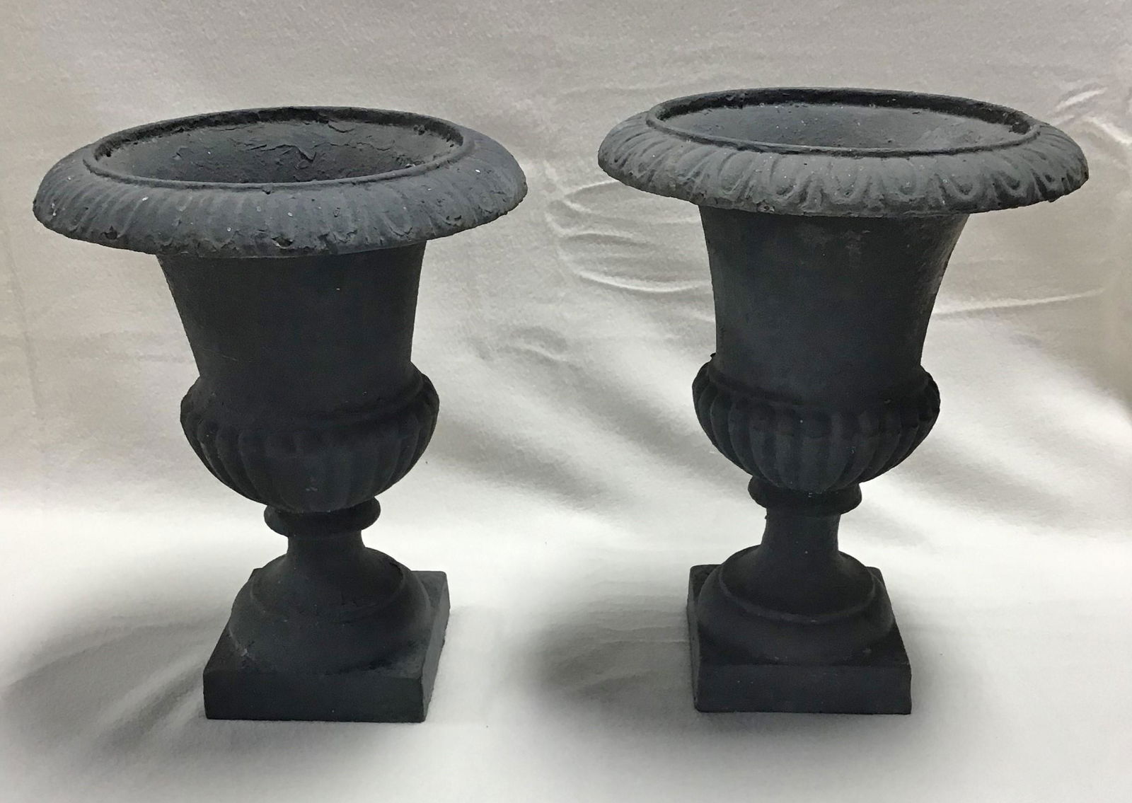 Cast Iron Urns: Cast iron urns-No cracks. Very good condition for age and use. 11 1/2"T Approx 9 1/4"W