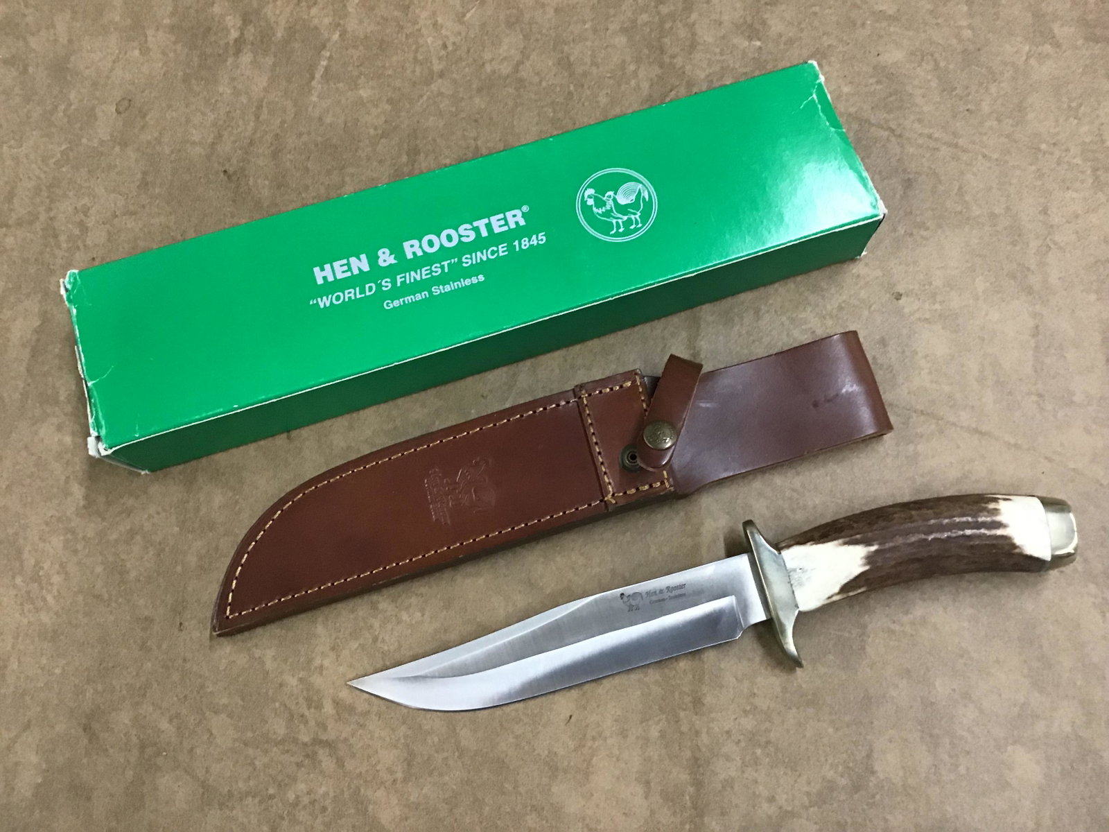 Hen & Rooster Stag Handle Bowie Knife: New in Box