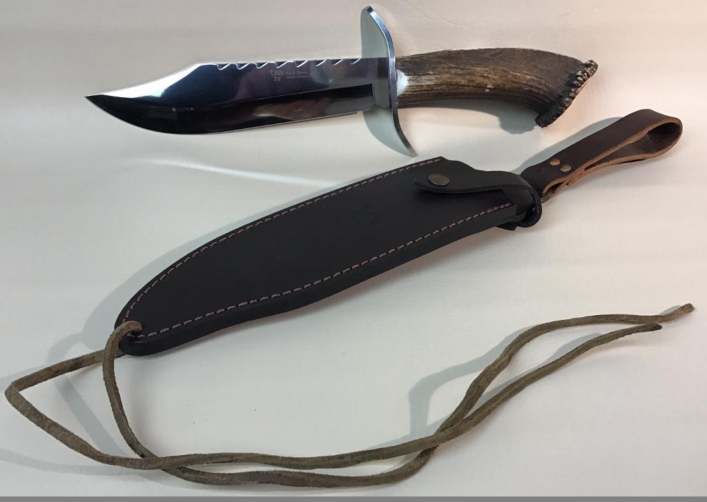 New Hen And Rooster Stag Handle Bowie Knife: 15 1/2" Overall Length-Comes With Leather Sheath