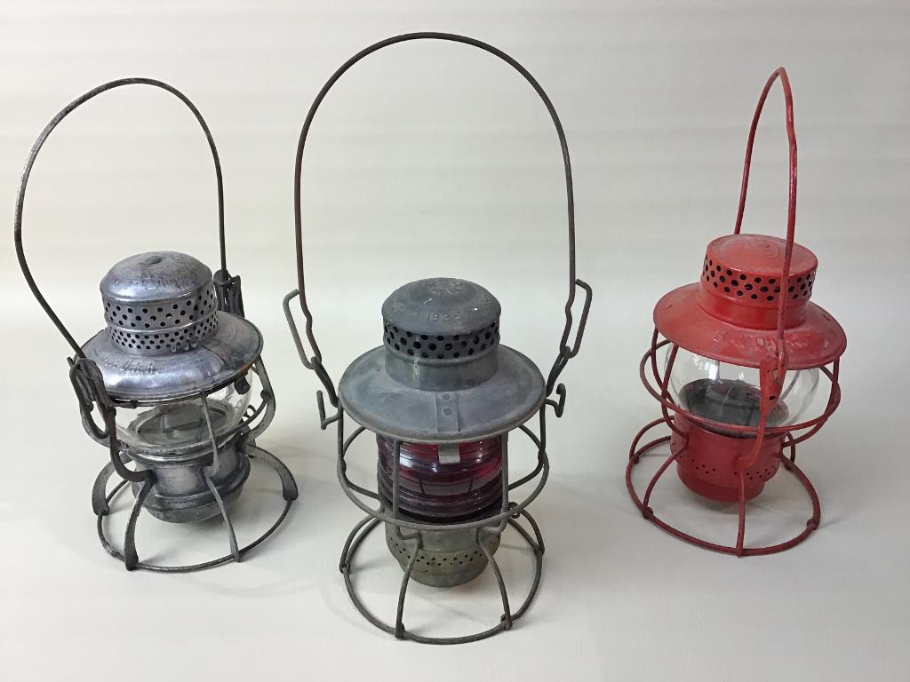 Lot Of 3 Vintage B&O Railroad Lanterns: 1-Red Globe-Armspear, 2-Clear Globes-Armspear & Dietz, Appear To Be In Very Good Condition