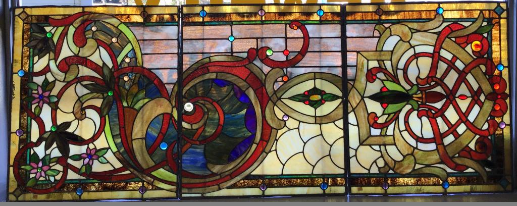Large 3 Piece Stained Glass Set: Beautiful Hand Crafted Stain Glass Window Set. Great Color And Design-Insert With Jewels. Not Sure Of Age. Some Minor Cracks-No Glass Missing. 91 1/4" X 35" Overall Size
