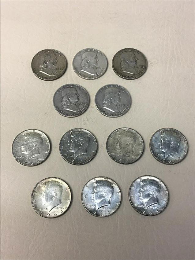 Lot Of 12-Franklin & Kenned Half Dollars: Franklins: 1862, 1954, 1952, 1951, Kennedy: 7-1964's