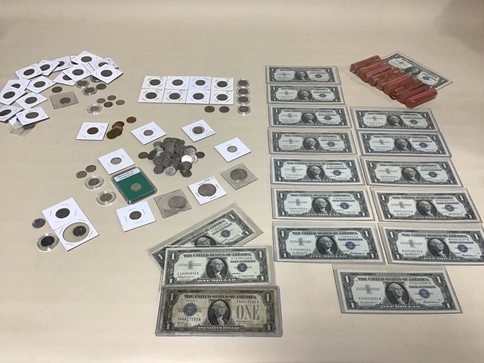 Huge Currency & Coin Lot: 14 UNC Silver Certificates, 3 Circulated Silver Certificates, 9 Rolls Wheat Pennies, 109 Mercury Dimes, 3 Walking Liberty Halves, 10 Indian Head Pennies, 4 Steel Pennies, 14 V Nickels, 5 Barber Dimes,