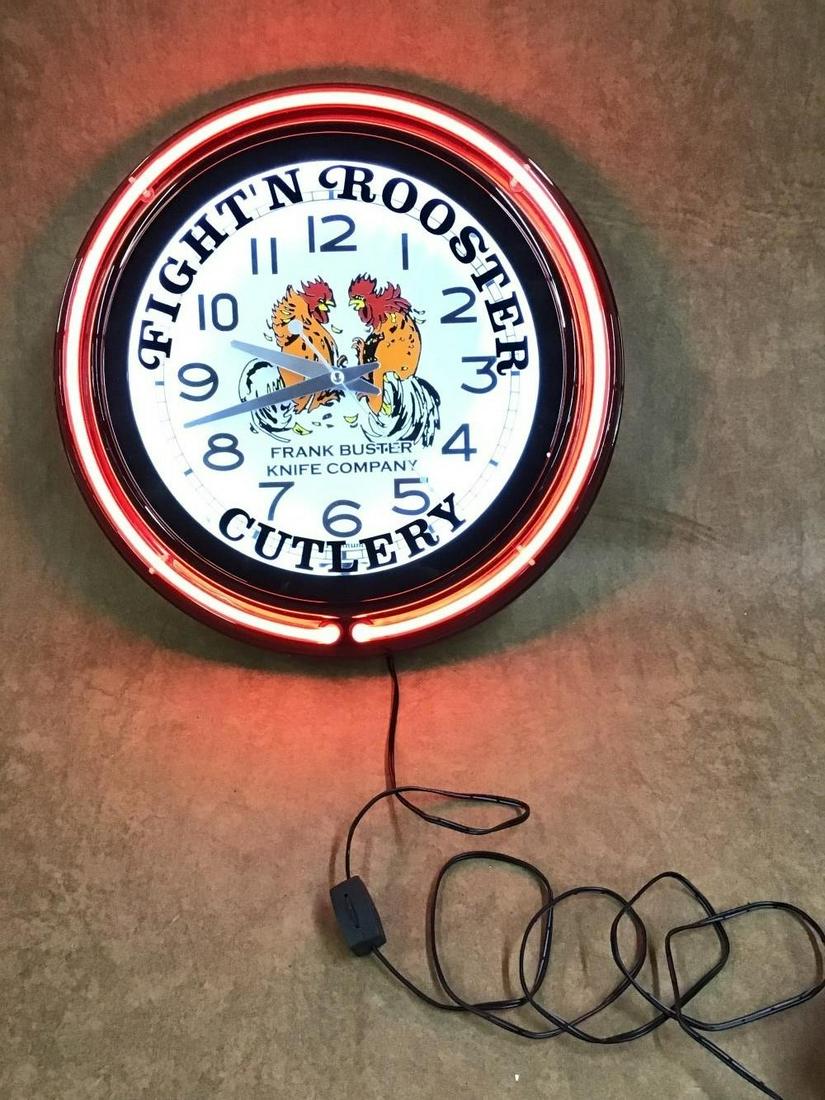 Neon Fight'n Rooster Cutlery Clock: Frank Buster Knife Co.-New condition-Works