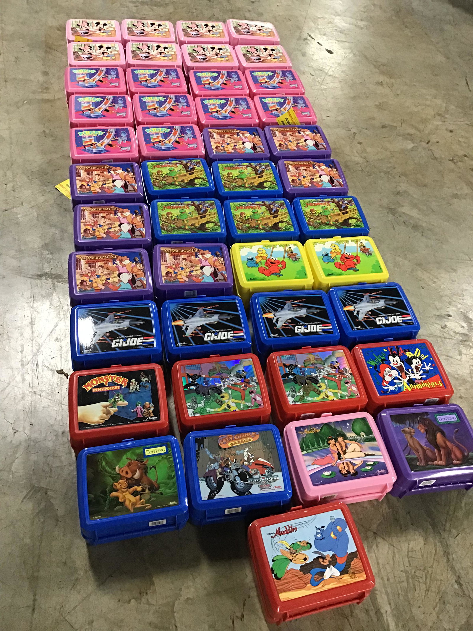 Lot Of 45 NOS Disney Lunch Boxes: Mickey & Minnie Mouse, Puppy In My Pocket, An American Tail, Sesame Street, G.I. Joe, Power Rangers, Lion King, Aladdin, & Others. New With Thermos
