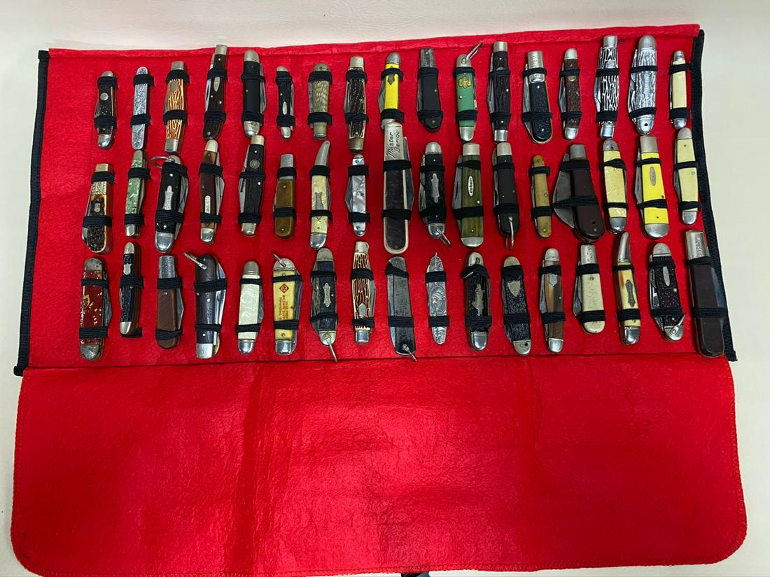 LOT OF 51 VINTAGE POCKET KNIVES: CASE XX, COLONIAL, CUT-MASTER, BARLOW, OLD TIMER, BOKER, IMPERIAL, SCHRADE, ROBESON, KABAR, CAMILLUS, HAMMER. GOOD USED CONDITION