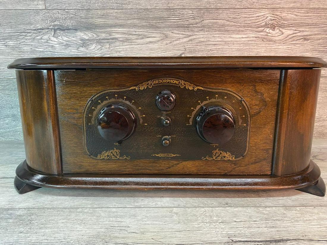 ARBORPHONE MODEL 27-1927: 5 TUBE TRF TUNES AND PLAYS AM BROADCAST. ALL TUBES ARE GOOD. MUST HAVE A 75 FOOT AERIAL AND A GOOD GROUND. ALSO A 500 OHM SPEAKER, AND ALL BATTERIES SHOWN ON CONNECTION DIAGRAM. RESTORED BY FREDERICK 