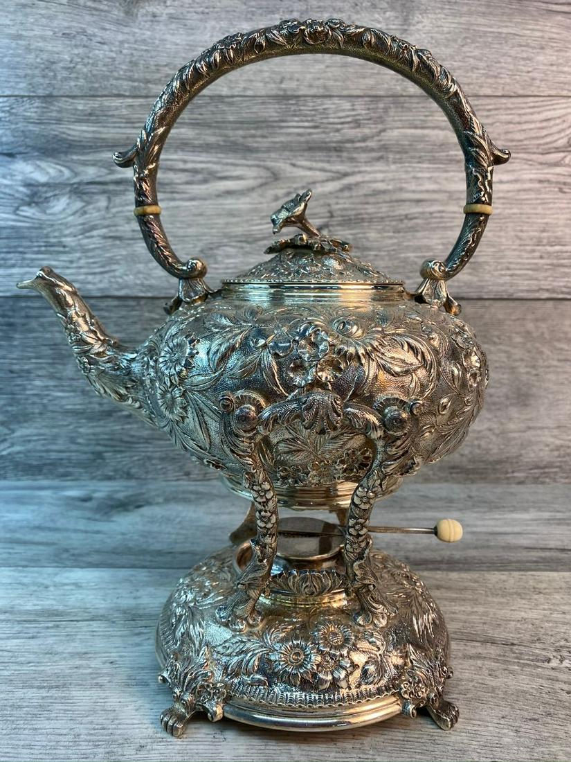 KIRK AND SONS STERLING SILVER REPOUSSE WATER KETTLE: KIRK AND SONS REPOUSSE WATER KETTLE