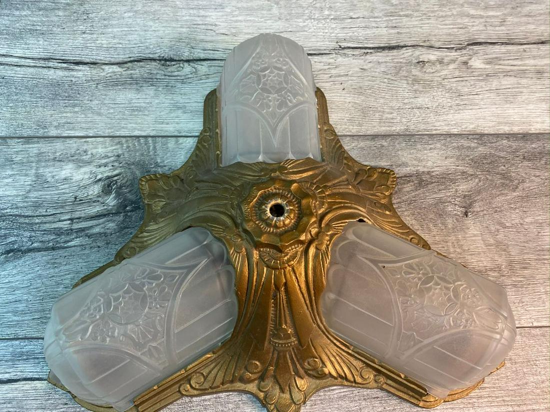 ART NOUVEAU CEILING LIGHT: FROSTED GLASS-INTESTED DOES NOT HAVE SCREW ON FINIAL. GOOD FOUND CONDITION.