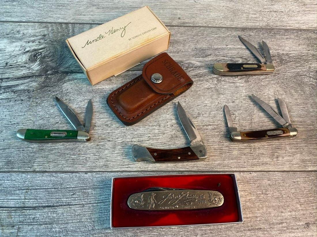 LOT OF 5 POCKET KNIVES: JOHN PRIMBLE #494, SCHRADE LB-3, 2-OLD TIMERS #720T, 1080T,. REMINGTON . GOOD TO NEW IN BOX CONDITION